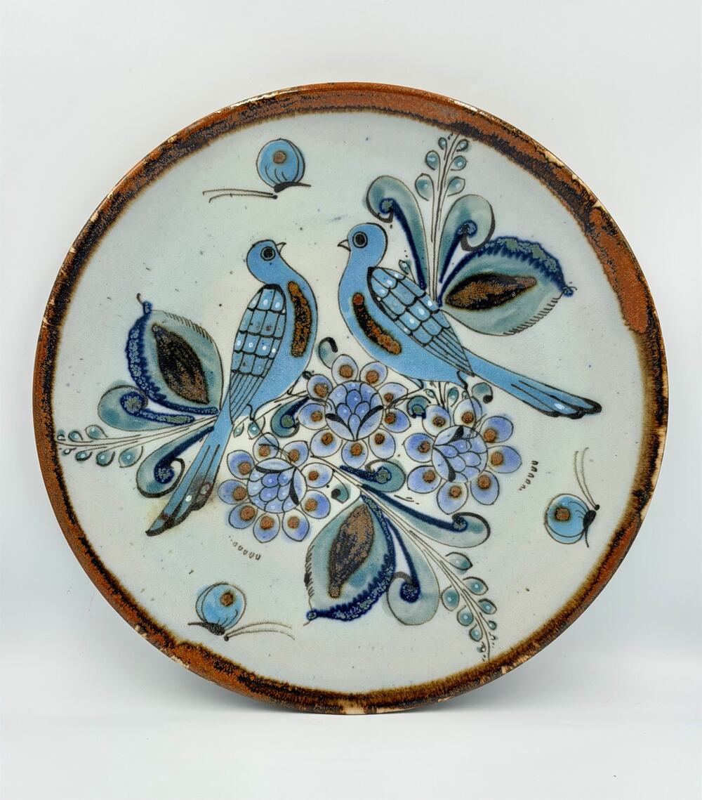 1950s Folk-Art Ken Edwards Tonala Pottery Hand Painted Bird Serving Chop Plate